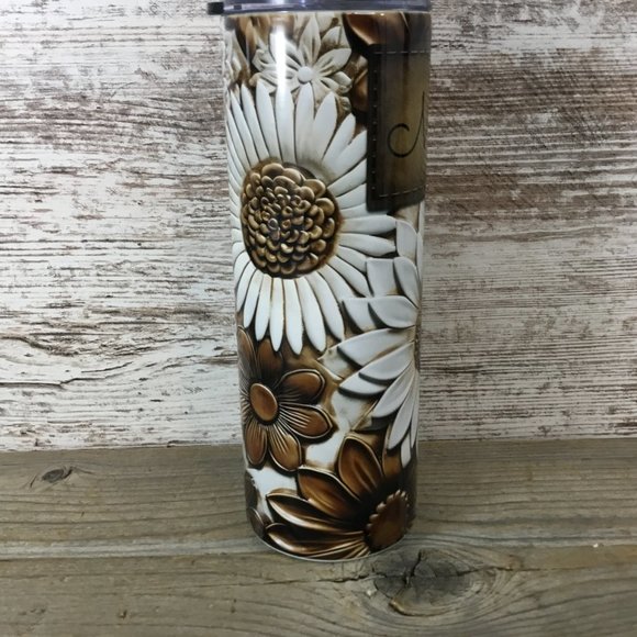 Brown and White Flowers Leather Look Personalized 20 oz Skinny Tumbler - Picture 4 of 6